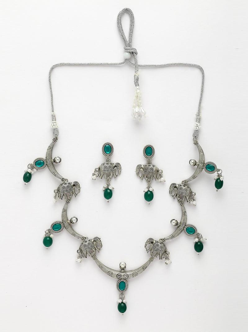 Oxidized Plated Green & Blue with Pearl & Stone Studded Necklace Set