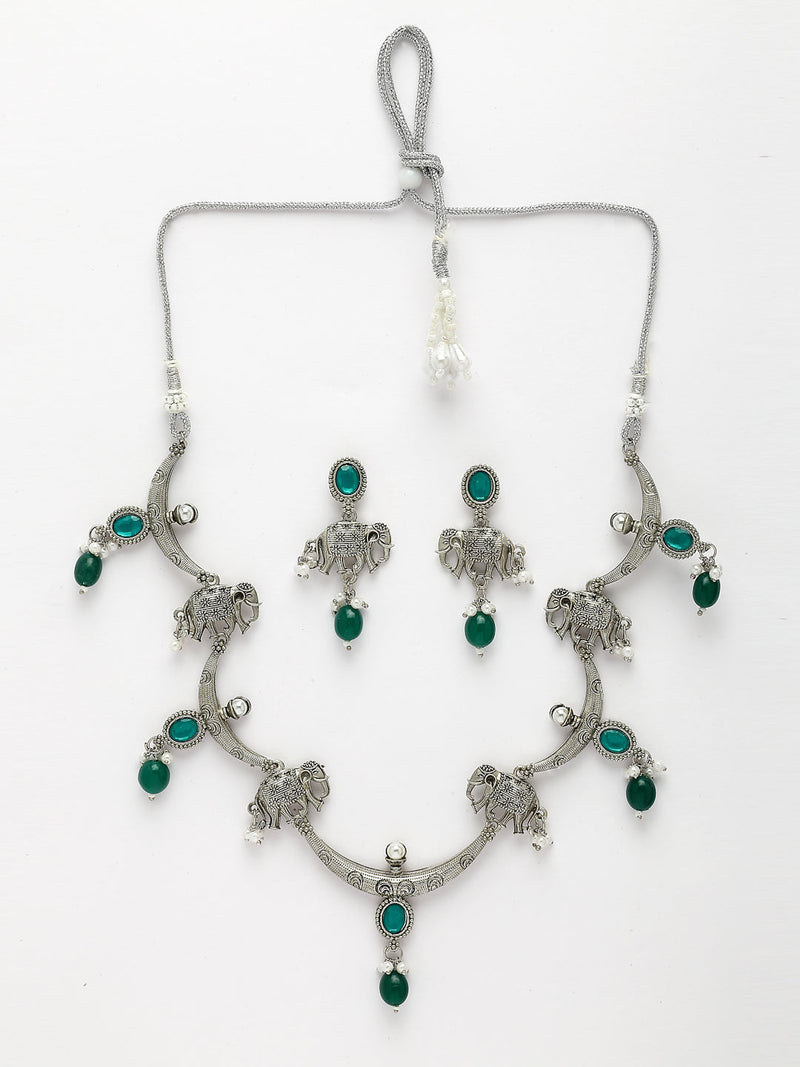 Oxidized Plated Green & Blue with Pearl & Stone Studded Jewellery Set