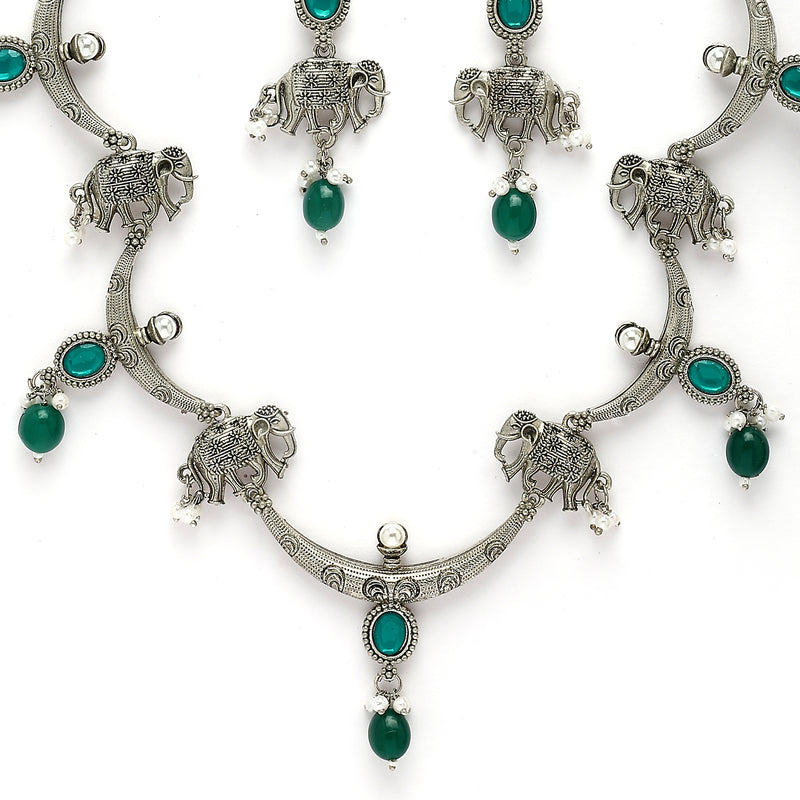 Oxidized Plated Green & Blue with Pearl & Stone Studded Jewellery Set