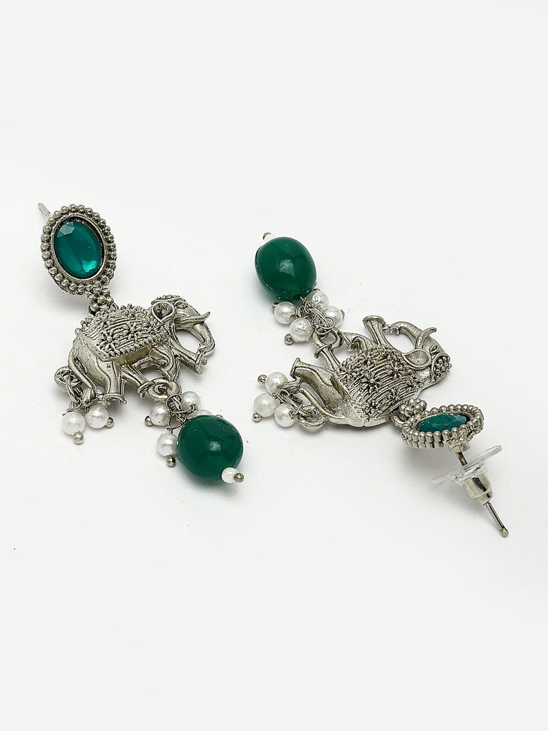 Oxidized Plated Green & Blue with Pearl & Stone Studded Jewellery Set
