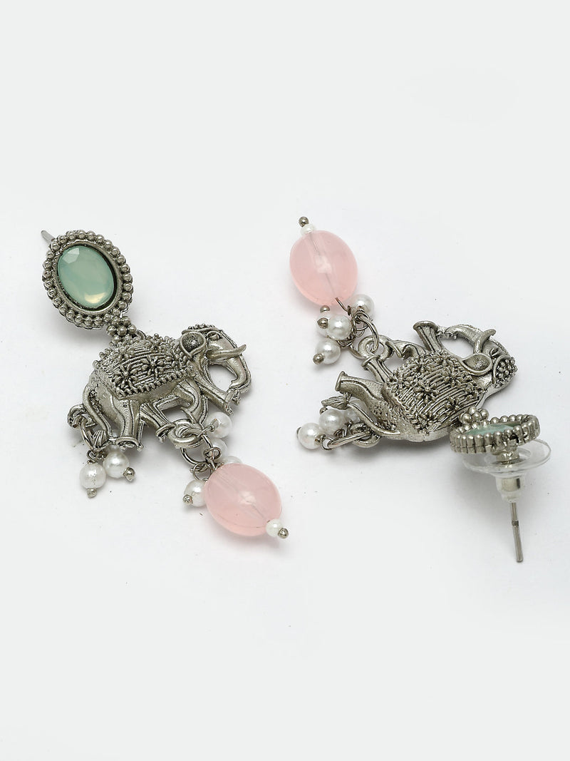 Oxidized Plated with Pink Pearl & Stone Studded Jewellery Set