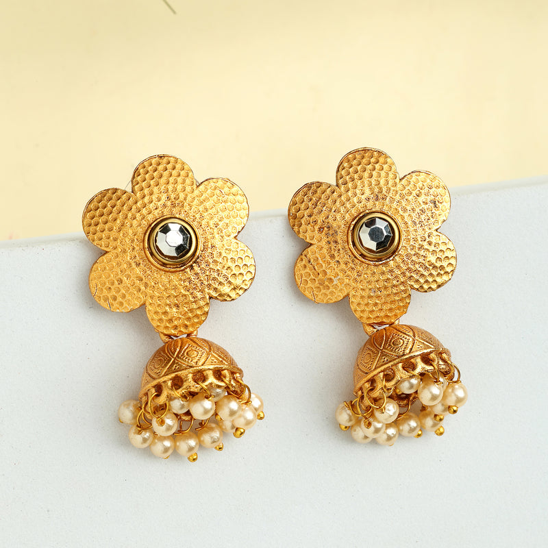 Traditional Gold Plated Floral White Pearl Studded Jhumki Earrings