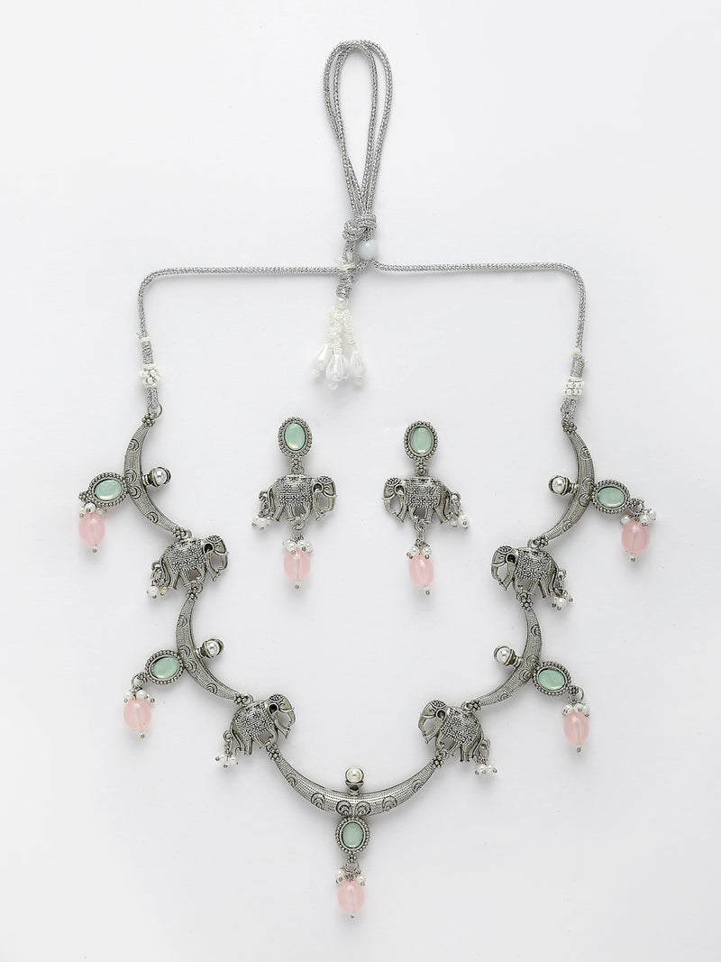 Oxidized Plated with Pink Pearl & Stone Studded Necklace Set