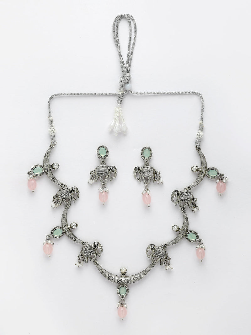 Oxidized Plated with Pink Pearl & Stone Studded Jewellery Set