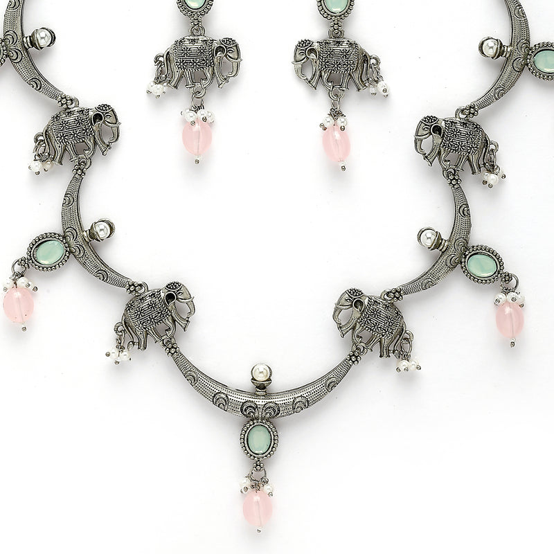 Oxidized Plated with Pink Pearl & Stone Studded Jewellery Set