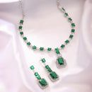 Rhodium Plated Emerald Cut AD Green Contemporary Necklace Jewellery Set