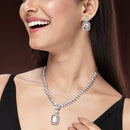 Rhodium Plated Silver Toned Crystal White American Diamond Studded Necklace Set
