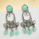 Oxidised Floral Shaped Mint Green CZ Studded And Pearl Beaded Dangler Earrings