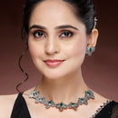 Oxidized Plated with Silver Filigree Design Green Stone Studded Jewellery Set
