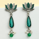 Oxidised Silver Toned Lotus Shaped Green CZ Studded Pearl Beaded Earrings