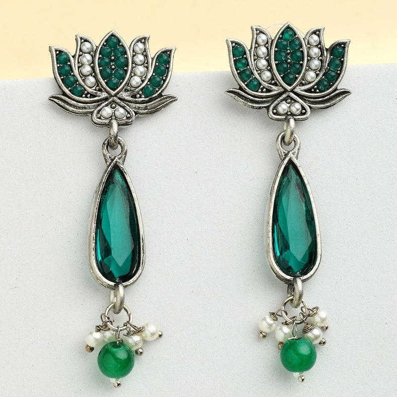 Oxidised Silver Toned Lotus Shaped Green CZ Studded Pearl Beaded Earrings