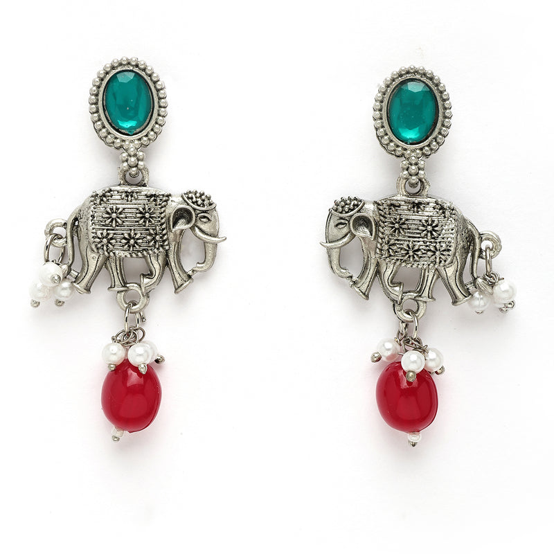 Oxidized Plated with Red & Sea Green with Pearl Stone Studded Jewellery Set