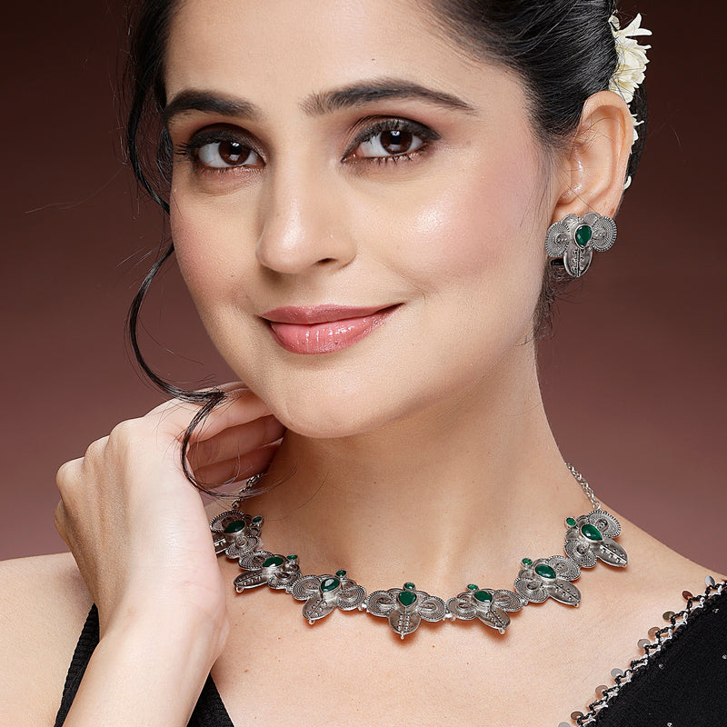 Oxidized Plated with Silver Filigree Design Green Stone Studded Jewellery Set