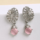 Rhodium Plated Silver Toned Leaf Shaped Pink & White American Diamond Studded Drop Earrings