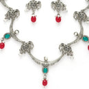 Oxidized Plated with Red & Sea Green with Pearl Stone Studded Jewellery Set