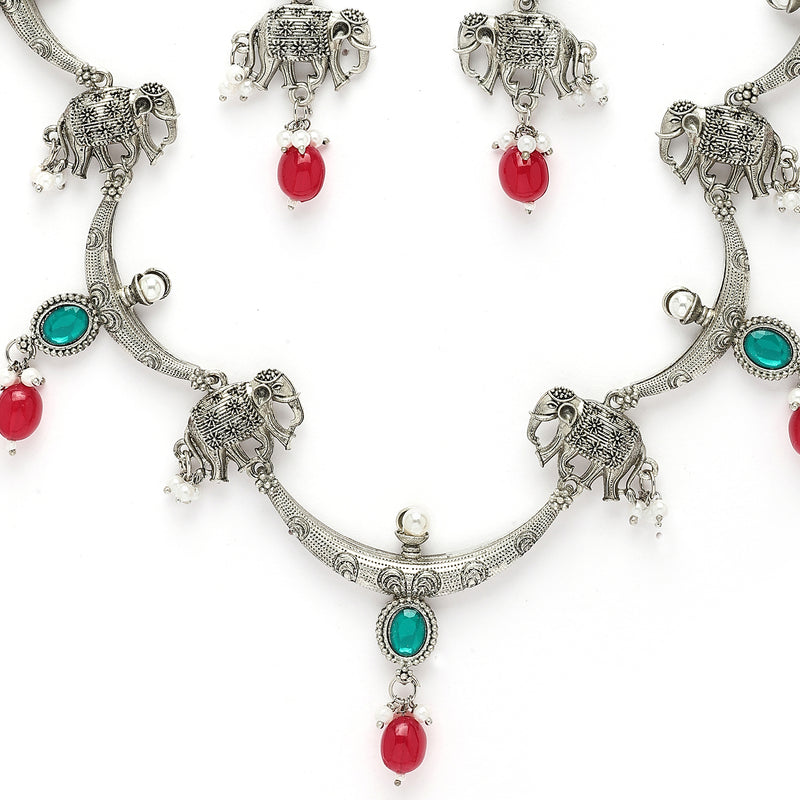 Oxidized Plated with Red & Sea Green with Pearl Stone Studded Jewellery Set