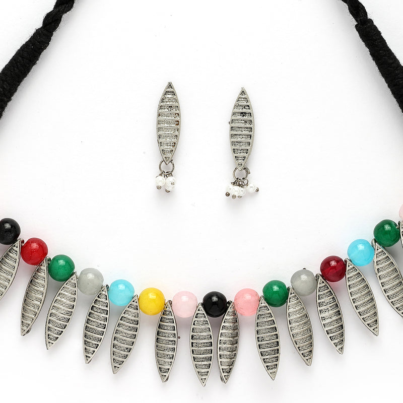 Oxidized Silver Leaf & Multicolor Pearl Studded Jewellery Set