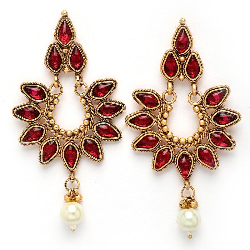 Gold Plated with Priyaasi Floral Kemp Design & Red Stone Studded Necklace Set