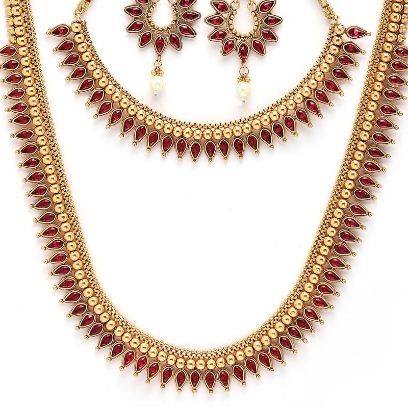 Gold Plated with Priyaasi Floral Kemp Design & Red Stone Studded Necklace Set