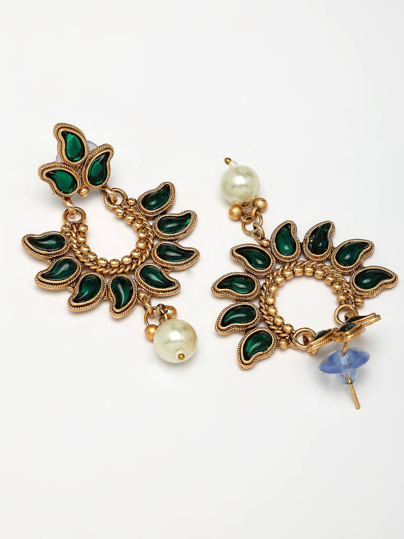 Gold Plated with Priyaasi Floral Kemp Design & Green Stone Studded Necklace Set