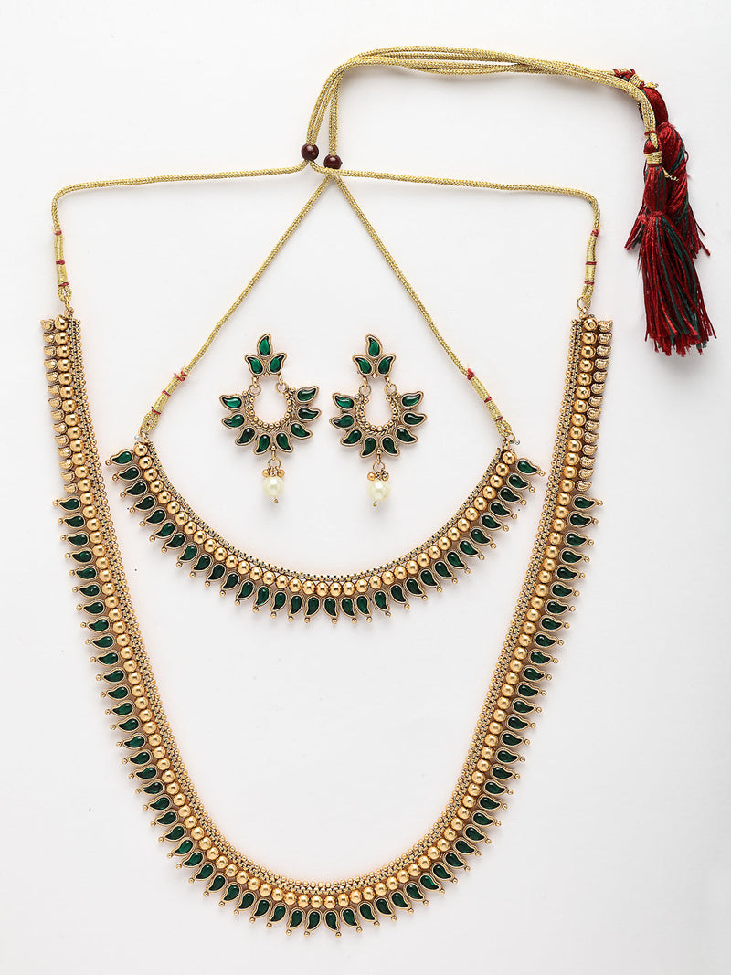 Gold Plated with Priyaasi Floral Kemp Design & Green Stone Studded Necklace Set