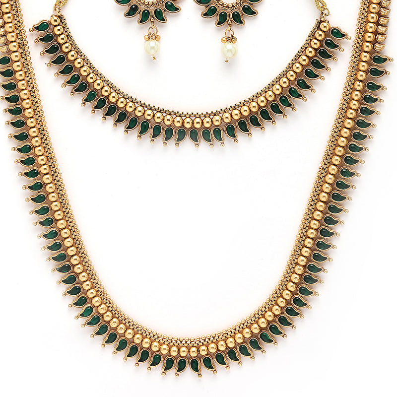 Gold Plated with Priyaasi Floral Kemp Design & Green Stone Studded Necklace Set