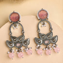 Oxidised Floral Shaped Pink CZ Studded And Pearl Beaded Dangler Earrings
