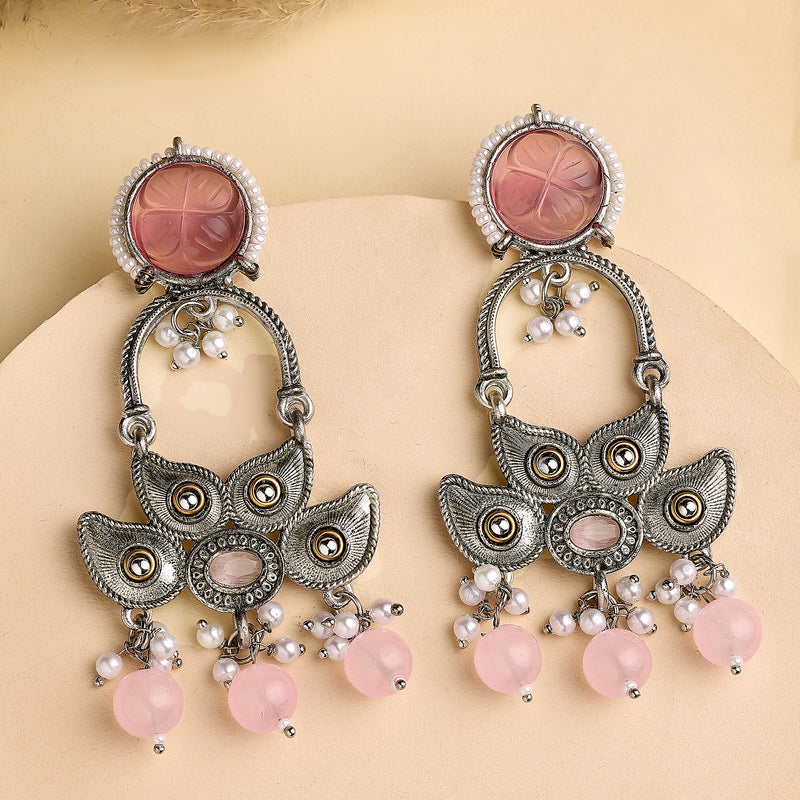 Oxidised Floral Shaped Pink CZ Studded And Pearl Beaded Dangler Earrings