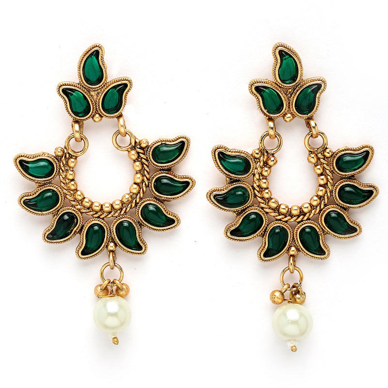 Gold Plated with Priyaasi Floral Kemp Design & Green Stone Studded Necklace Set