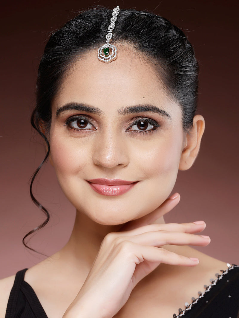 Rhodium Plated Silver Toned Round Floral Green American Diamond Studded Maang Tikka