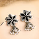 Oxidised Silver Toned Floral Shaped Pearl Beaded Jhumki