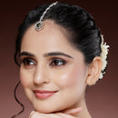 Rhodium Plated Silver Toned Round Floral Green American Diamond Studded Maang Tikka