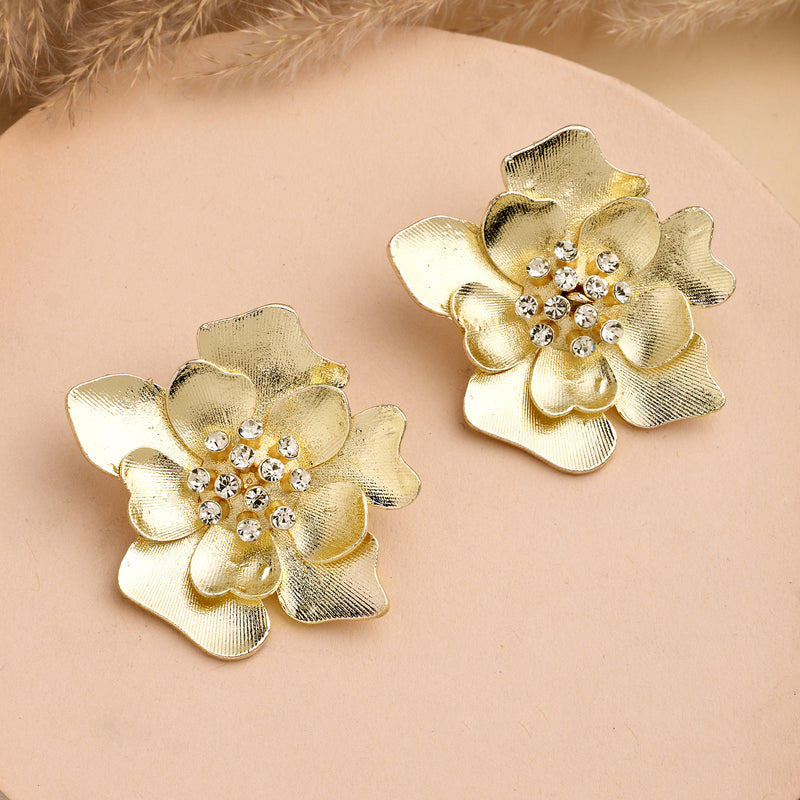 Gold Plated Floral Shaped White Cubic Zirconia Studded Earrings