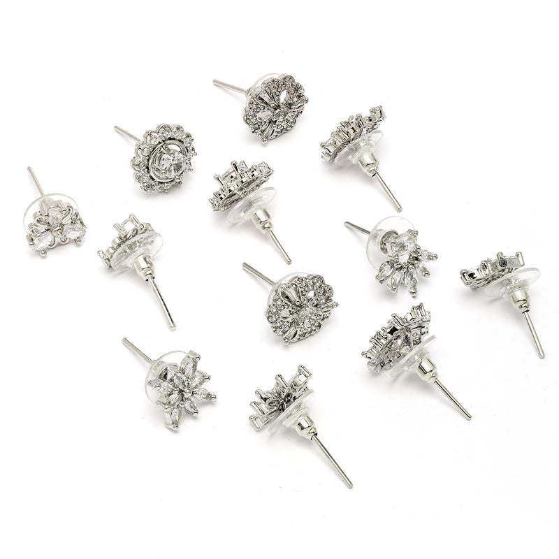 Rhodium Plated with White American Diamonds Studded Combo Set of 6 Stud Earrings