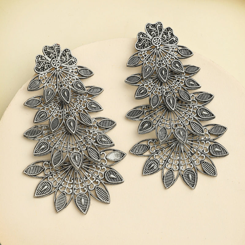 Oxidised Silver Toned Multi-Layer Leaf Design Dangler Earrings