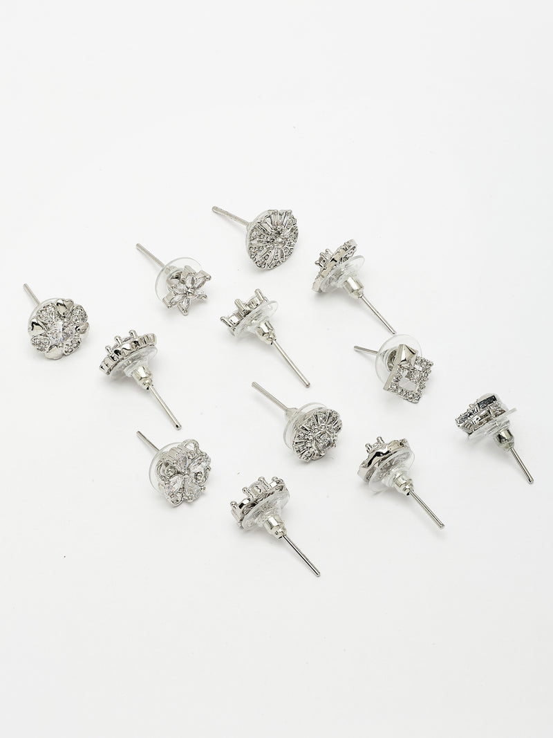 Rhodium Plated with White American Diamonds Studded Combo Set of 6 Stud Earrings