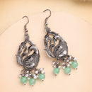 Oxidised Silver Toned Peacock Style Sea Green Pearl Studded Earrings