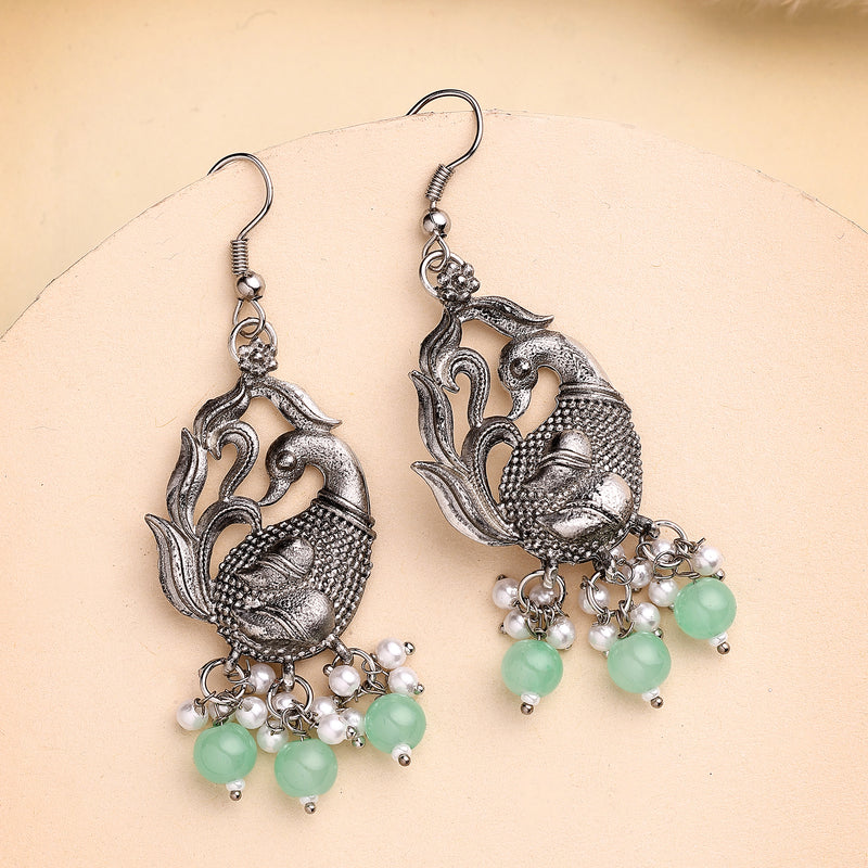 Oxidised Silver Toned Peacock Style Sea Green Pearl Studded Earrings