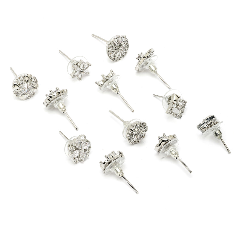 Rhodium Plated with White American Diamonds Studded Combo Set of 6 Stud Earrings