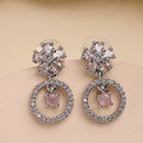 Rhodium Plated Silver Toned Floral Shaped Pink & White American Diamond Studded Drop Earrings