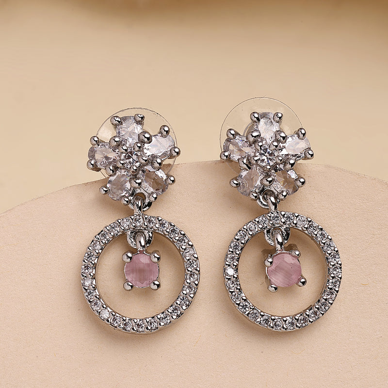 Rhodium Plated Silver Toned Floral Shaped Pink & White American Diamond Studded Drop Earrings