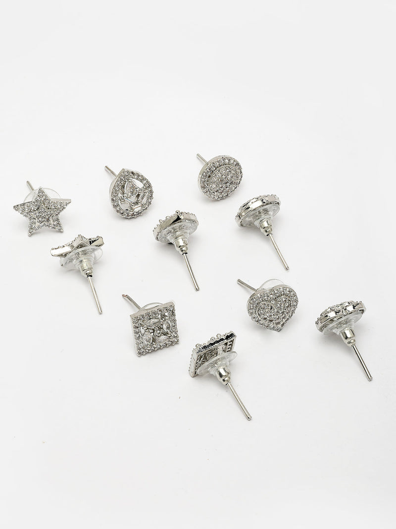 Rhodium Plated Earring Collection of 5 Unique Designs with White American Diamonds