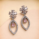 Rhodium Plated Silver Toned Floral Leaf Shaped Pink & White American Diamond Studded Drop Earrings