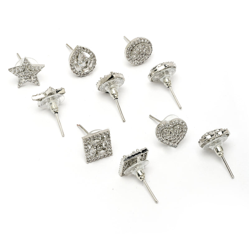 Rhodium Plated Earring Collection of 5 Unique Designs with White American Diamonds