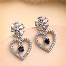 Rhodium Plated Silver Toned Hearty Floral Shaped Navy Blue & White American Diamond Studded Drop Earrings