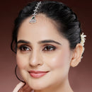 Rhodium Plated Silver Toned Triangle Shaped Green American Diamond Studded Maang Tikka