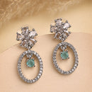 Rhodium Plated Silver Toned Floral Oval Shaped Sea Green &White American Diamond Studded Drop Earrings