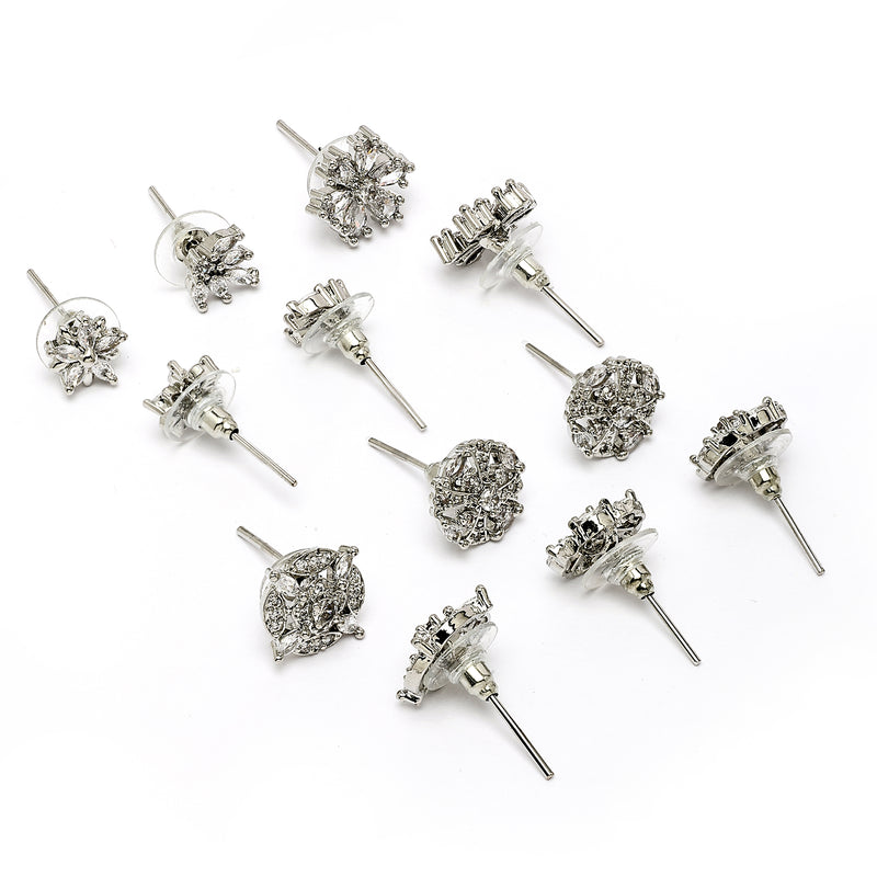 Rhodium Plated Combo Set of 6 Unique Earrings with White American Diamond Studded