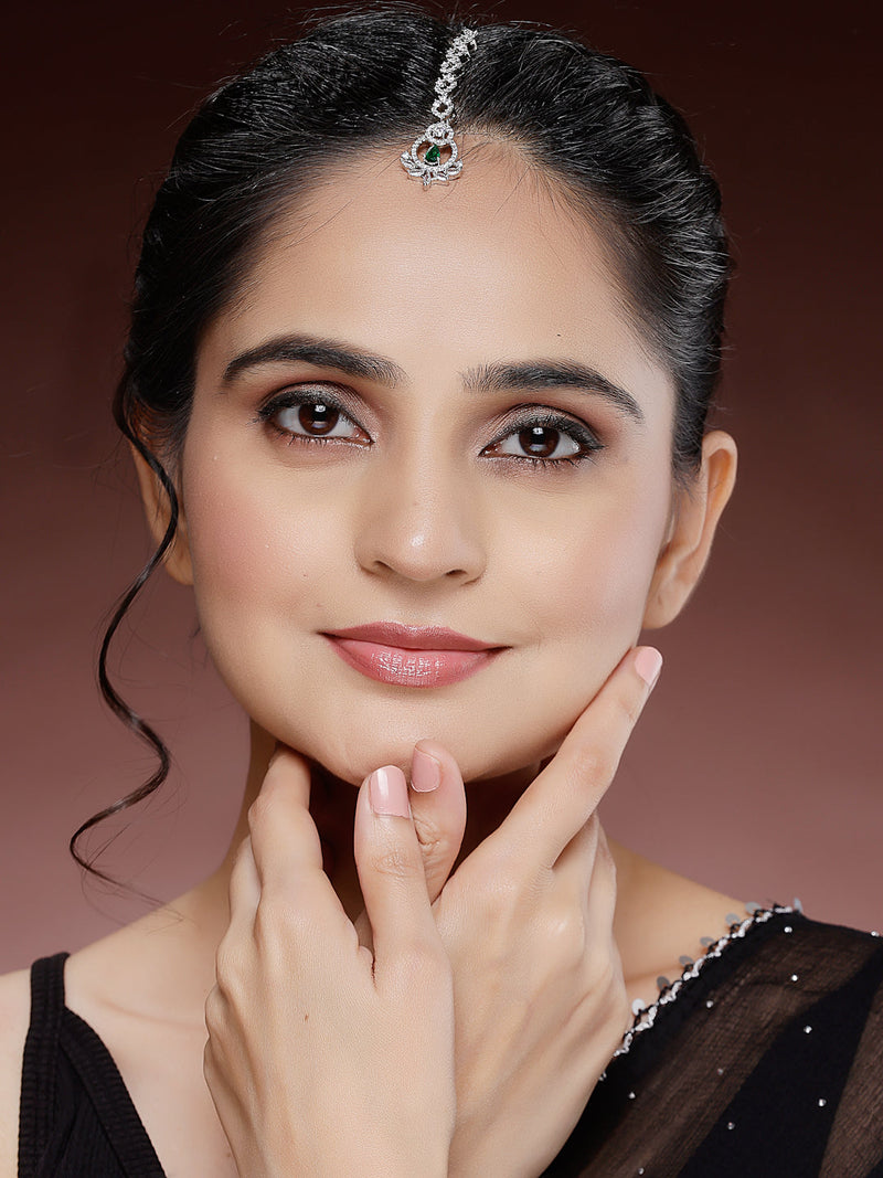 Rhodium Plated Silver Toned  Round & Teardrop Shaped Green American Diamond Studded Maang Tikka