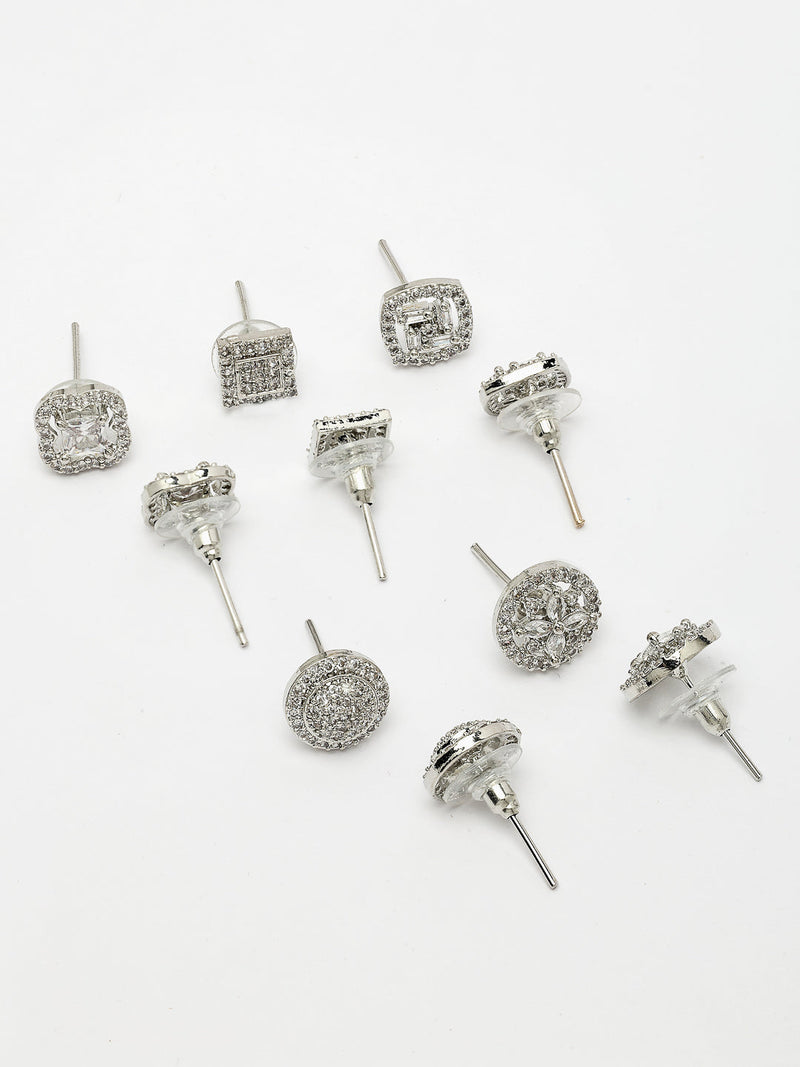 Rhodium Plated Earring Set of 5 with Unique Designs & White American Diamonds Studded